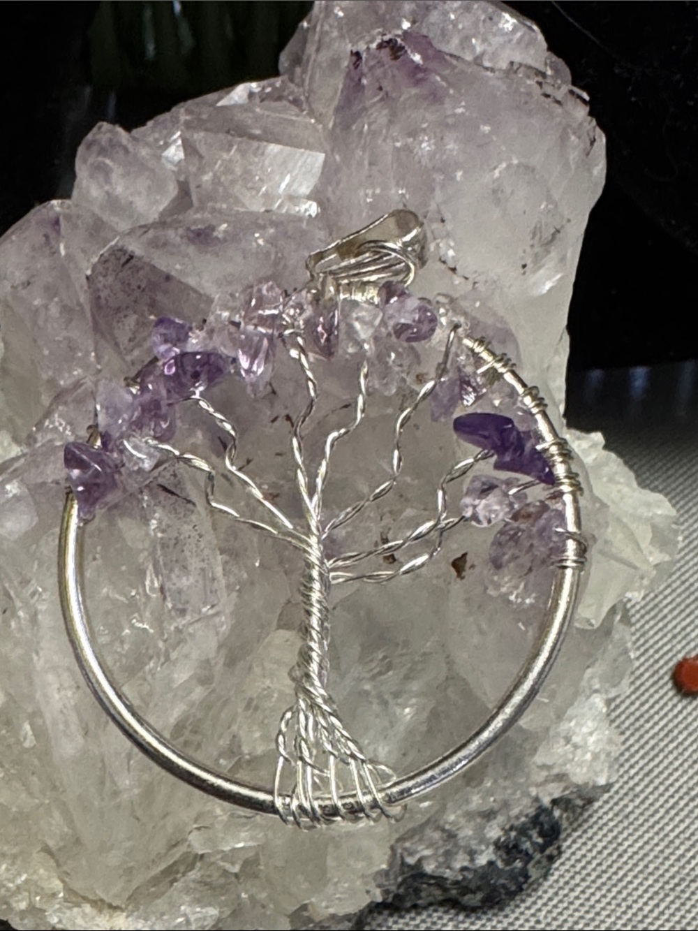 Handcrafted Silver Tree of Life Pendant with Purple Amethyst Chips
